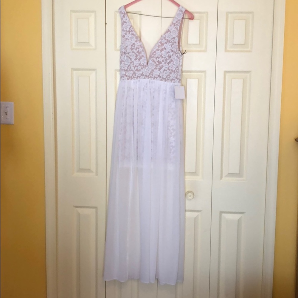 White maxi dress, perfect for a rehearsal dinner